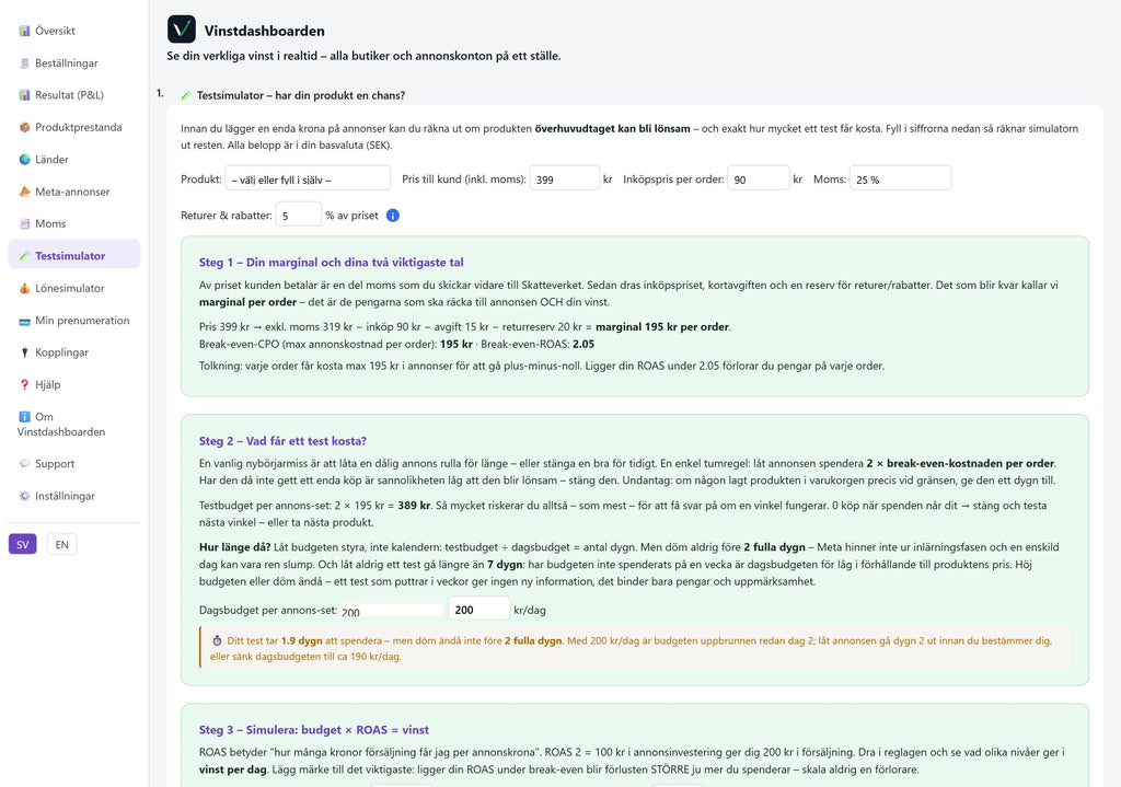 Vinstdashboarden – Testsimulatorn